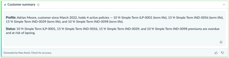Customer summary section with Profile and Status subsections generated by the Insurance Customer Profile Summarization skill.