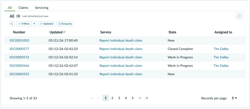Cases list showing All, Claims, and Servicing tabs, with case records displaying Number, Updated timestamp, Service, State, and Assigned to columns.