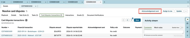 Card disputes transactions tab showing the Acknowledgement sent button highlighted.