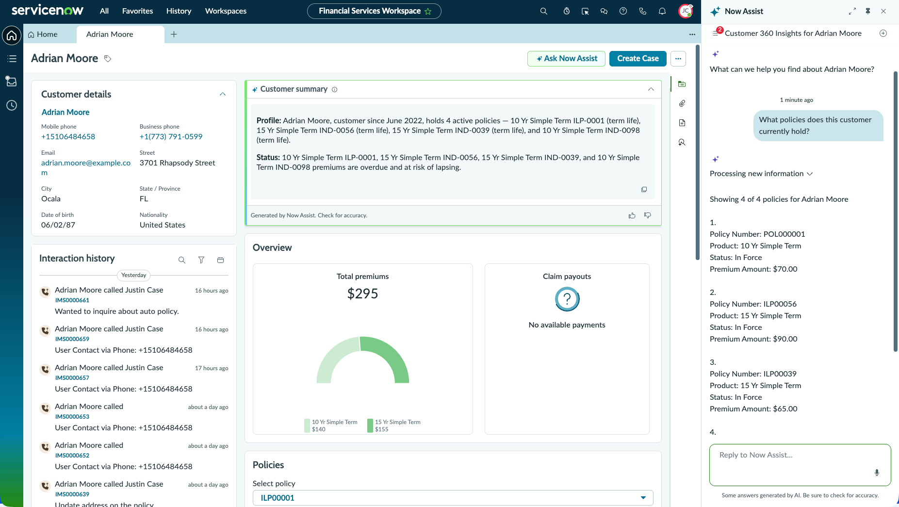 Insurance Customer 360 view displaying a list of four active policies in the Now Assist Panel in response to a user query to the Insurance CSR customer insights AI agent.
