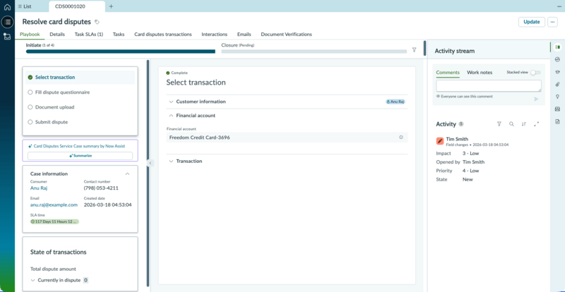 Case playbook workspace showing the Resolve card disputes process with completed Select transaction step and case information panel.