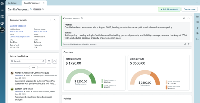Claims CSR workspace showing customer details, an AI-generated summary, interaction history, and premium and claim payout overview charts. For details, refer to the surrounding text.