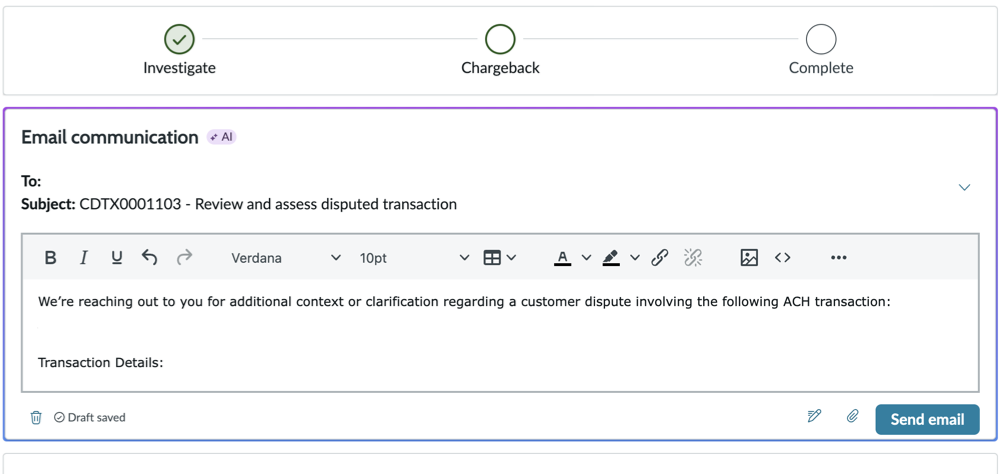 Email generated by dispute communication AI agent