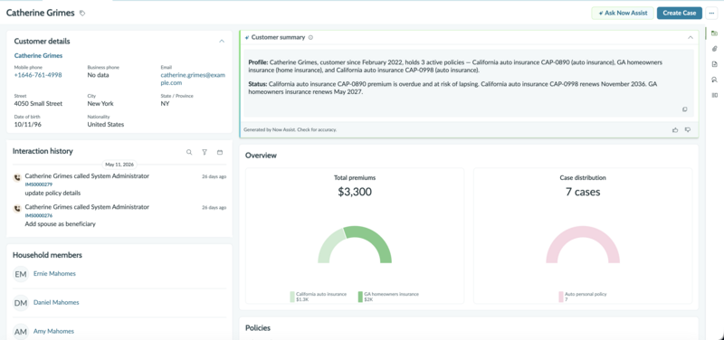 Policy servicing CSR workspace showing customer details, an AI-generated summary, interaction history, and premium and service cases overview charts. For details, refer to the surrounding text.