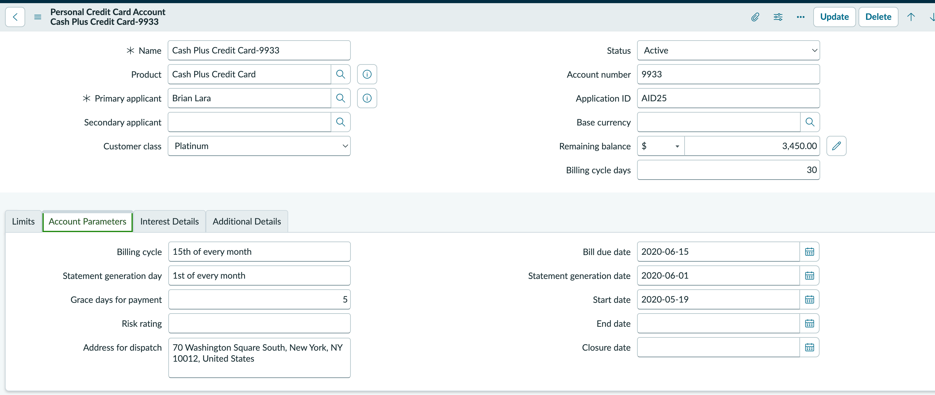 Personal Credit Card Account form with the Account Parameters tab selected, showing billing cycle, statement generation day, bill due date, and statement generation date fields.