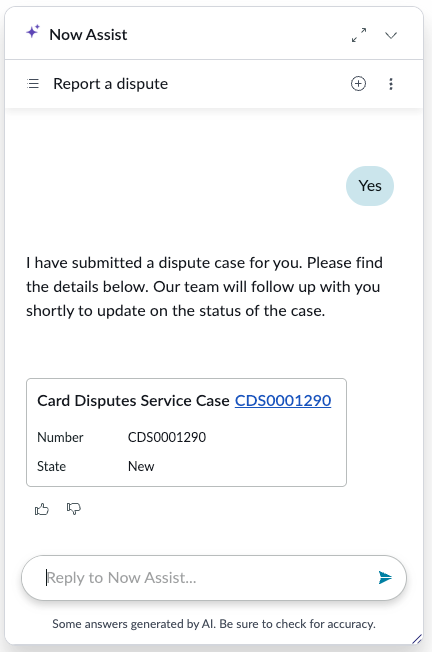 The customer is presented with a case number at the end of the dispute submission process.