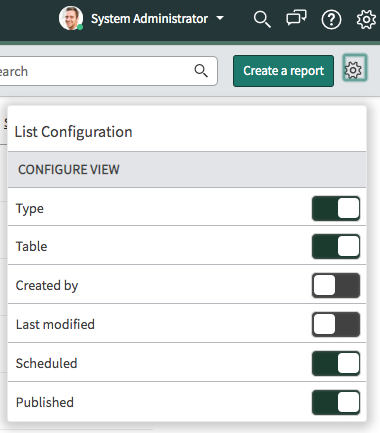 Fenêtre de configuration de la liste des rapports