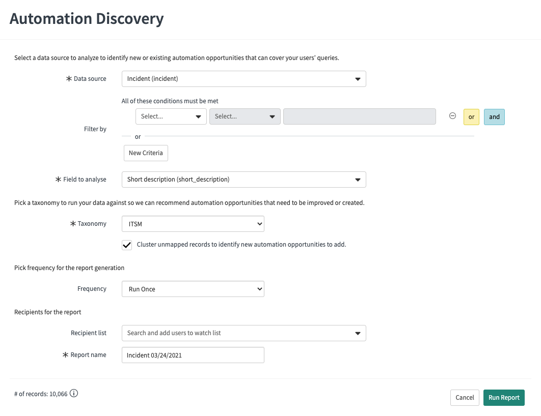 Formulaire Nouveau rapport dans Automation Discovery.