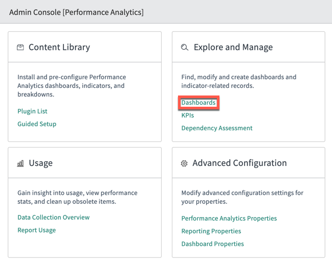 O console do administrador do Performance Analytics com o link Painéis realçado