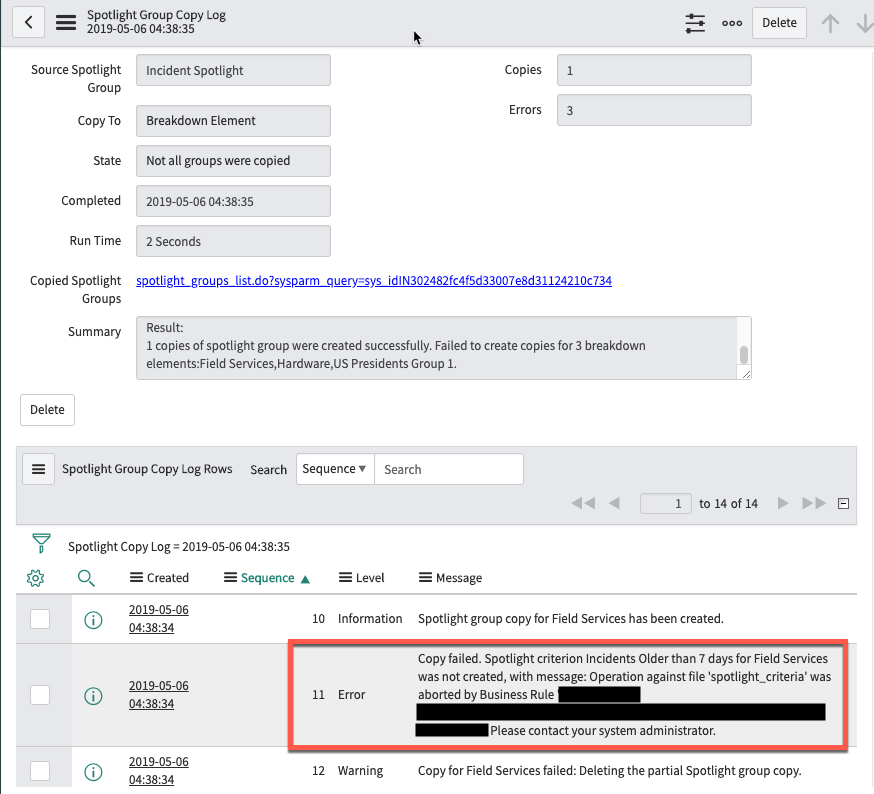 Log de cópia do grupo em destaque mostrando um de três erros
