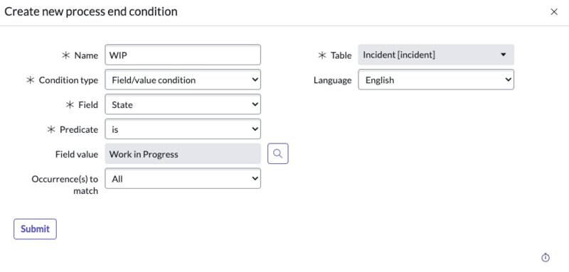 Condição de início de processo configurada