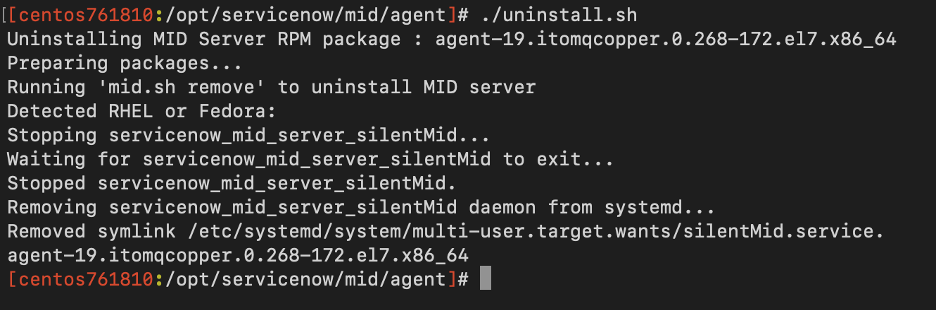 Ligne de commande Linux après l’exécution du script uninstall.sh.