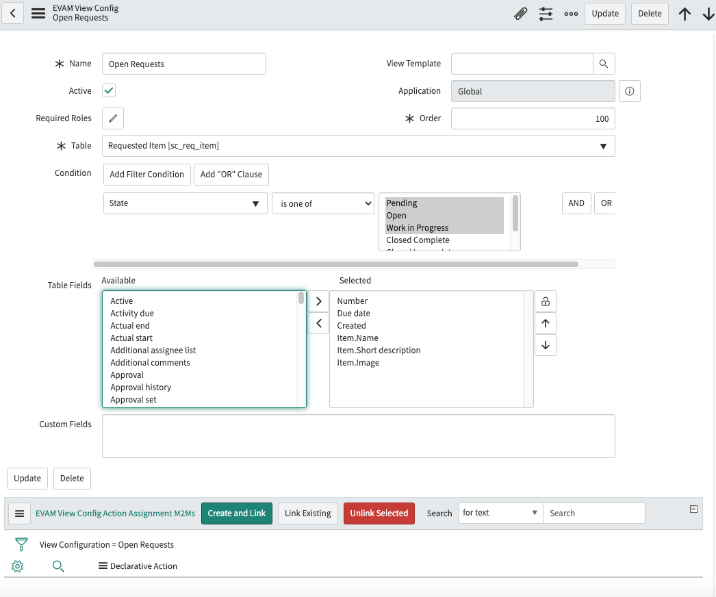Créer une configuration de vue Demandes ouvertes