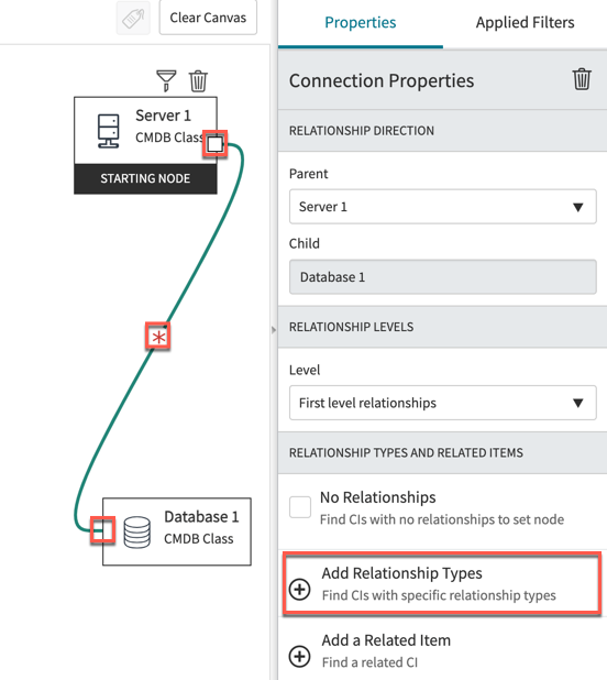 Connexion des nœuds du serveur et de la base de données et ajout de types de relations.