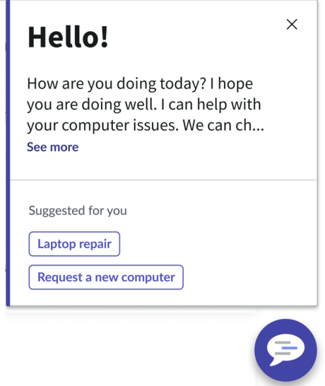 Déclencheurs proactifs Message qui lance une sélection de rubriques d’Agent virtuel.