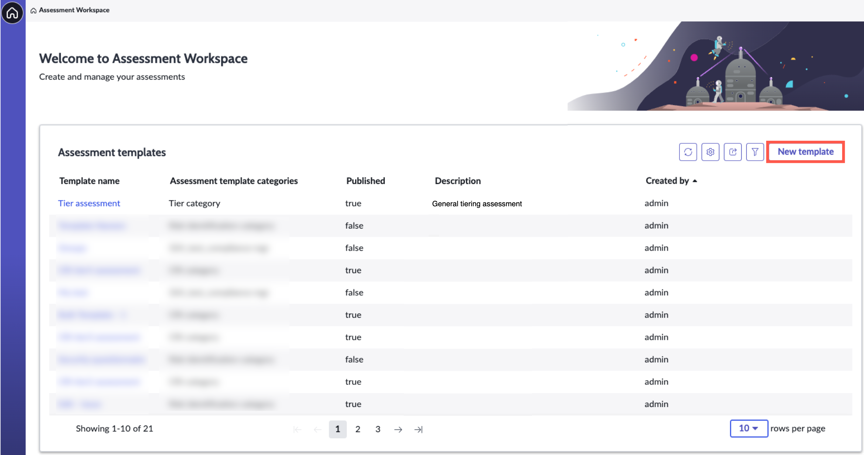 公開済みおよび未公開のすべてのアセスメントテンプレートを一覧表示するアセスメントワークスペース。