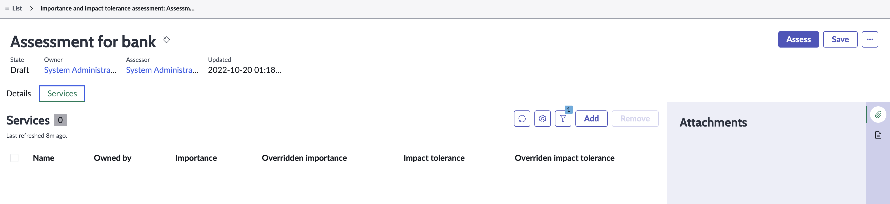 Services tab on the assessment form.