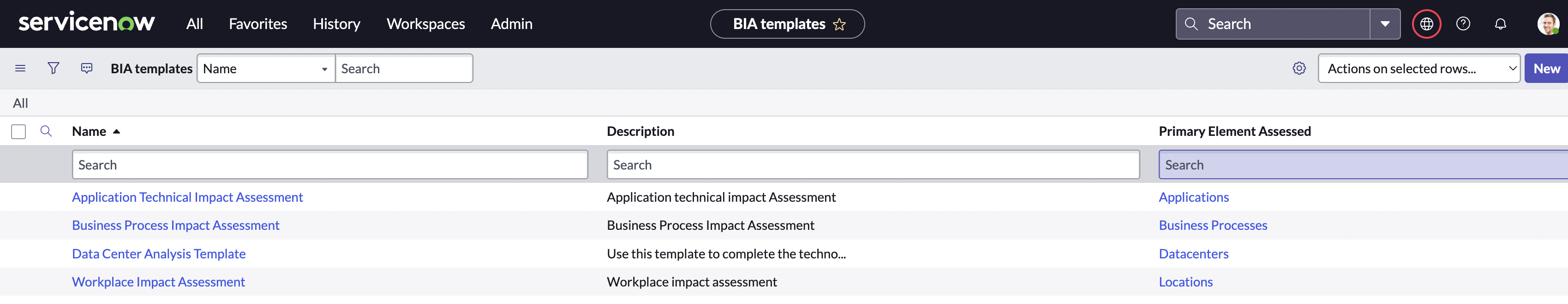 BIA templates that are installed with demo data.