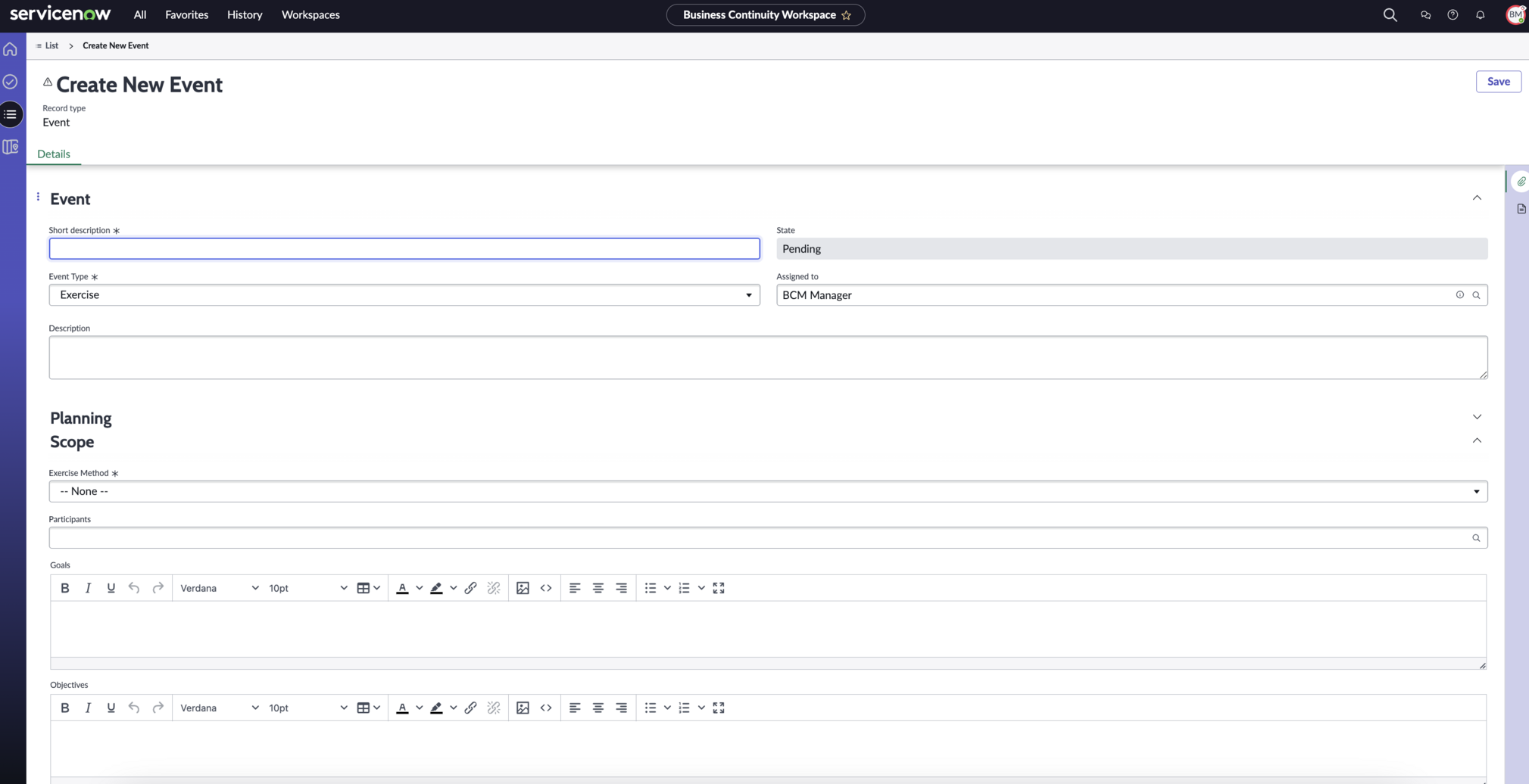 Create New Event form.