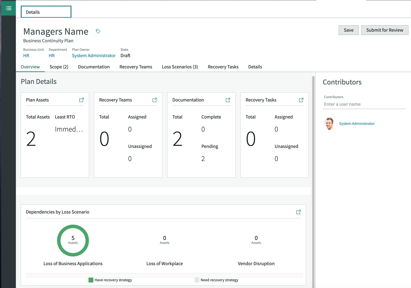BCP workflows displaying an overview of plan details