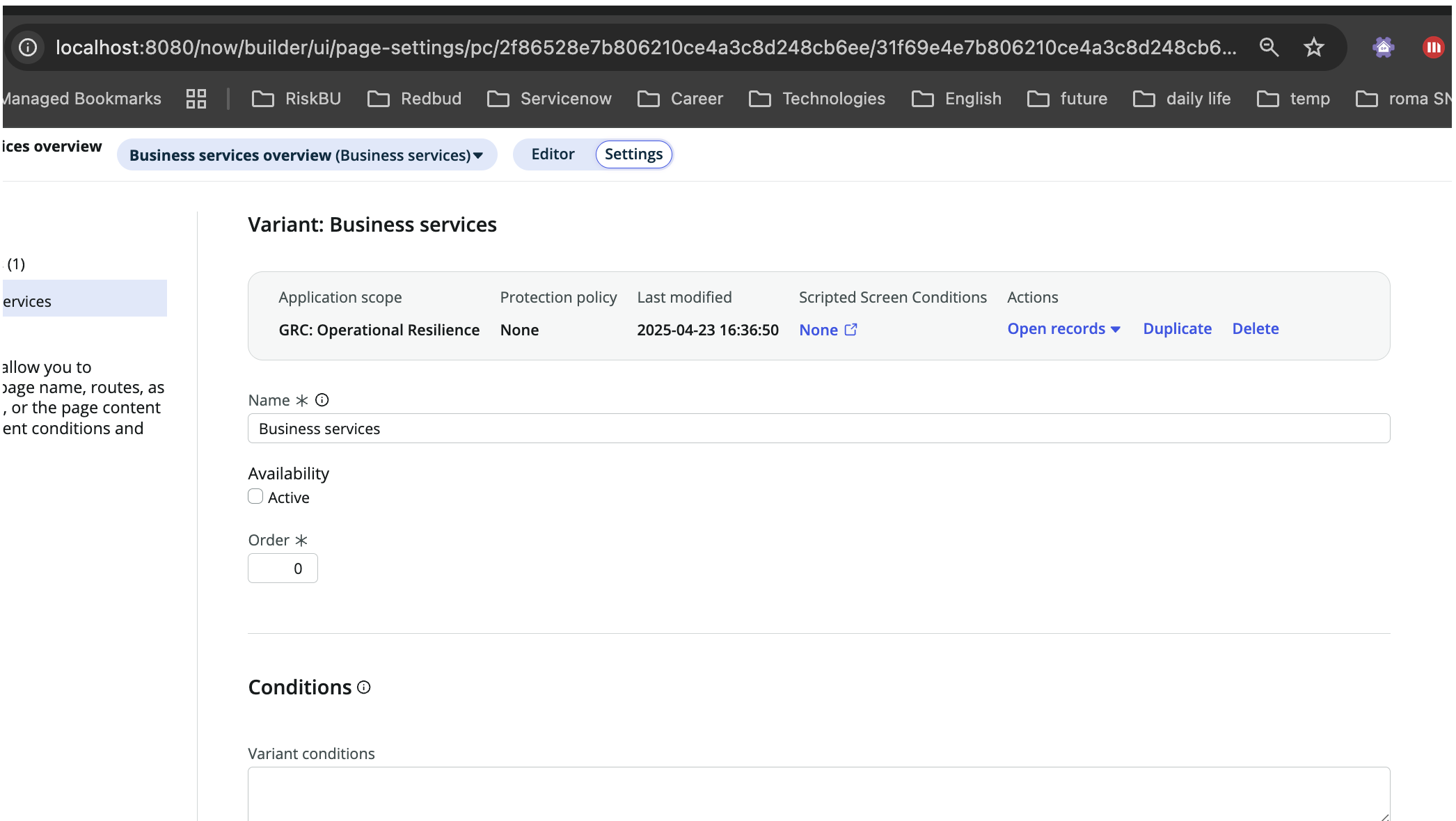 Hiding the Business services overview tab.