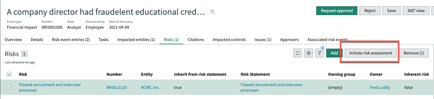 Initiate risk assessment button.