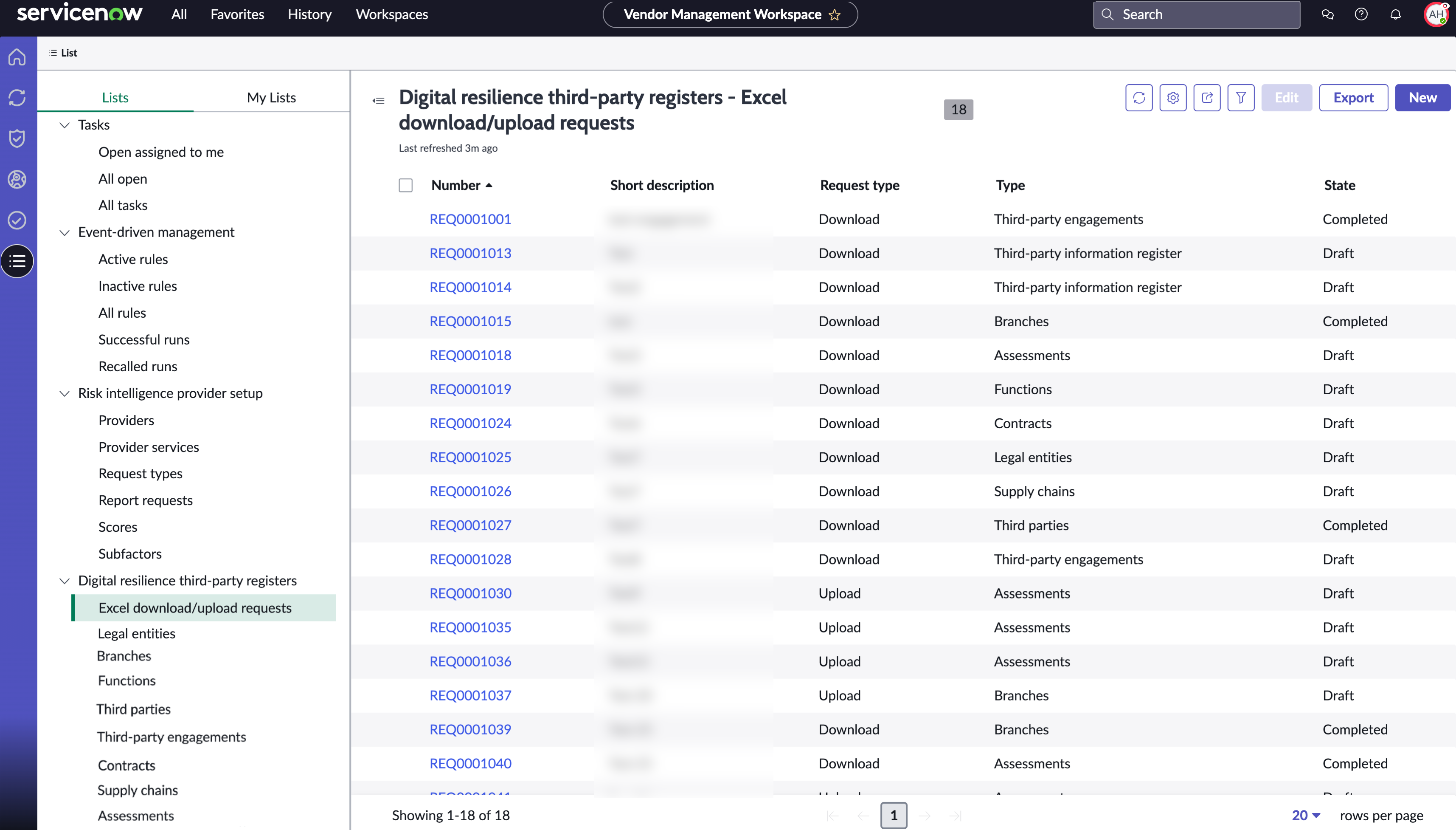 Example that shows where you can view and create Excel download/upload requests.