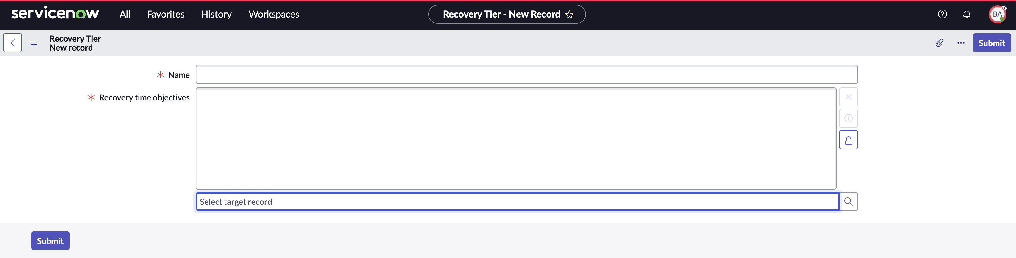 Recovery tier and its recovery time objective.