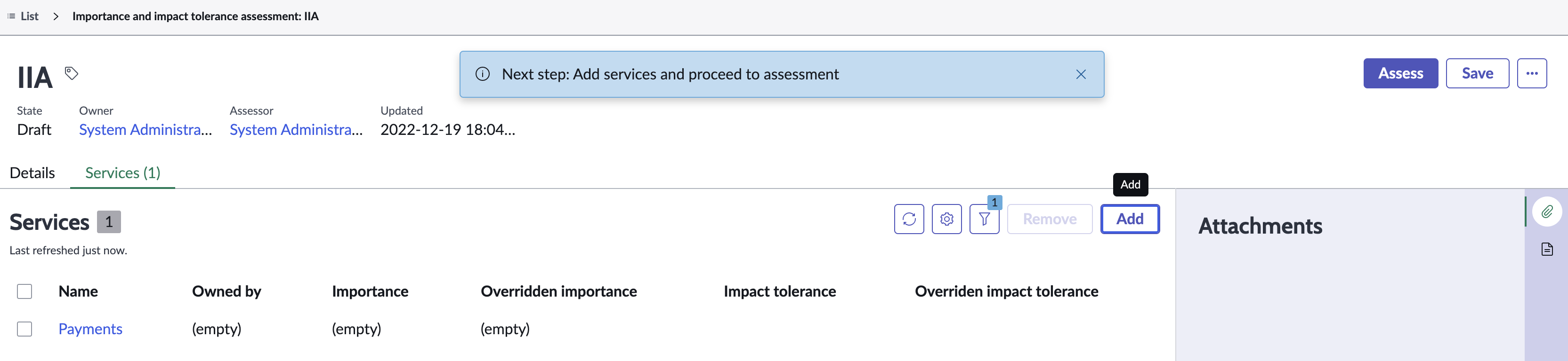 Services that are associated with the assessment.