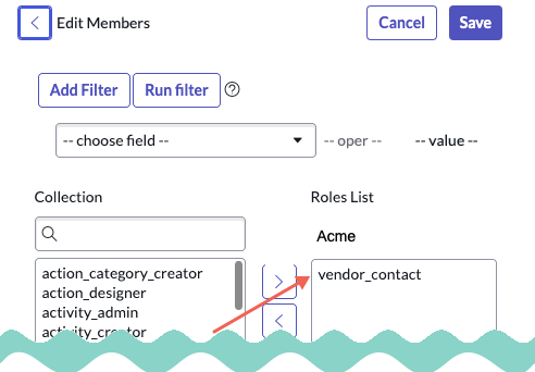 Assigning the vendor_contact role to a third-party contact.