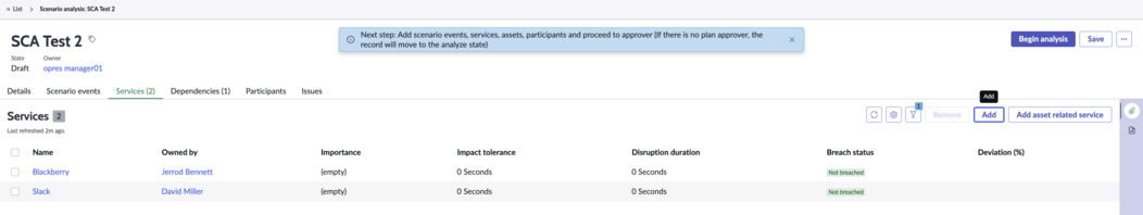 Services that are displayed on the Services tab.