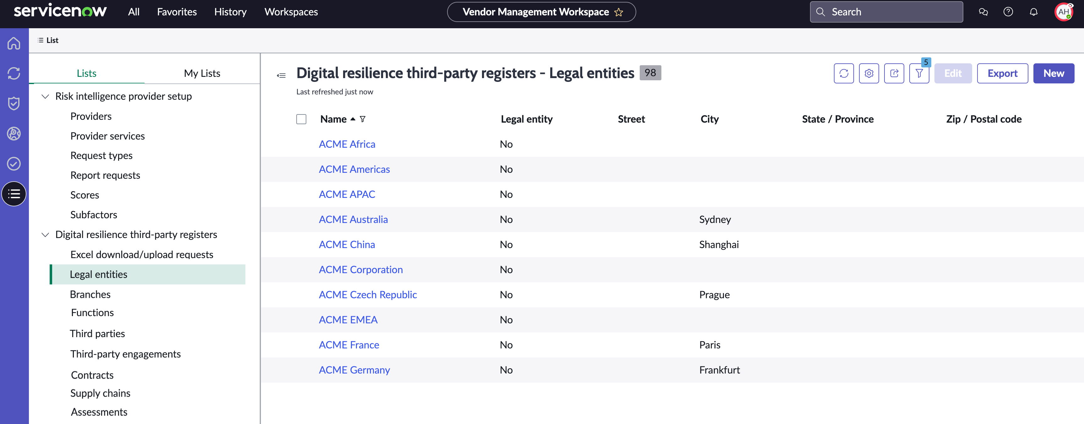 Example that shows how records are shown in the Digital resilience third-party registers.