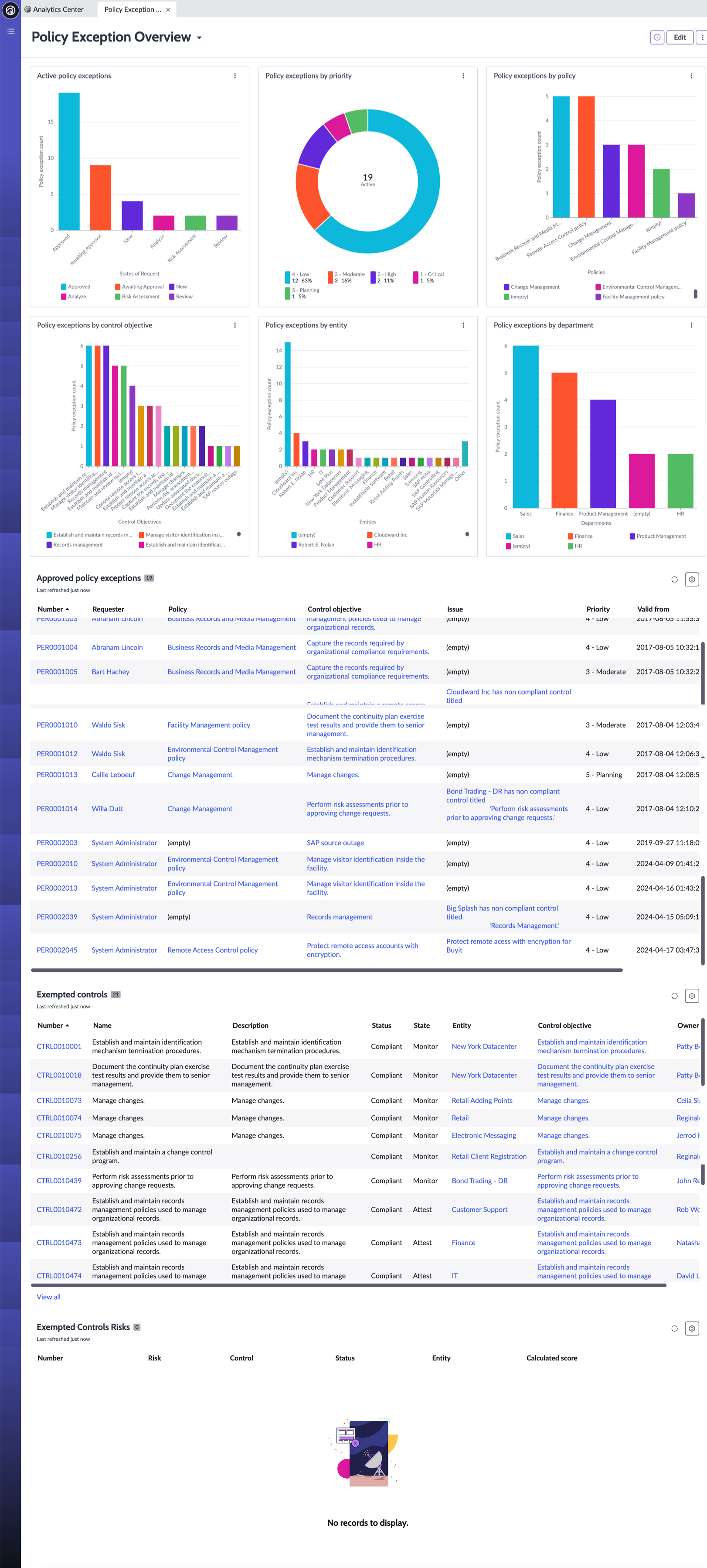 Policy Exception Overview dashboard in the Next Experience UI Framework