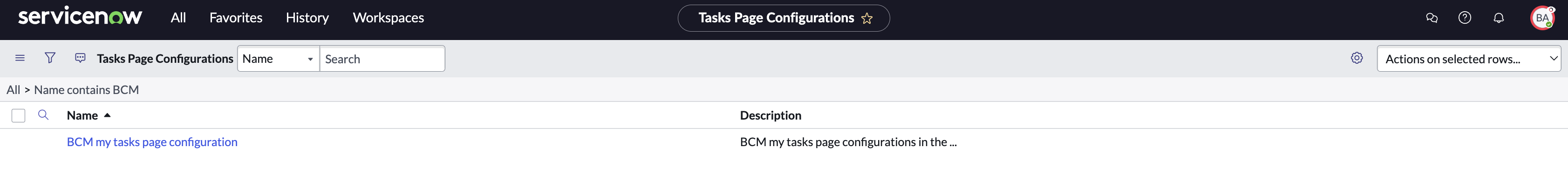 My tasks page configurations module in the list view.