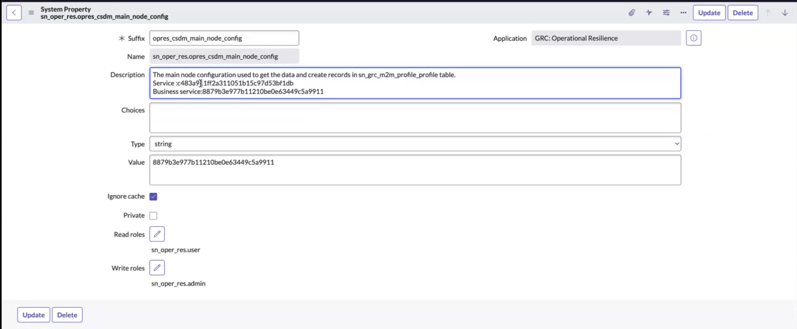 Main node configurations property for services and business services.