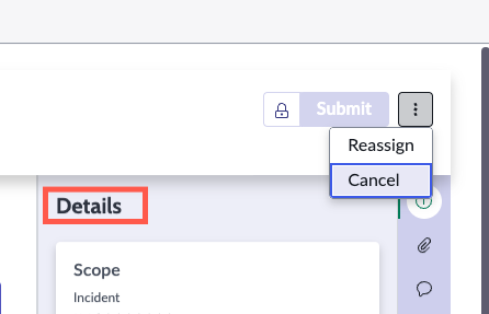 Submit, reassign, and cancel selection options for assessments.