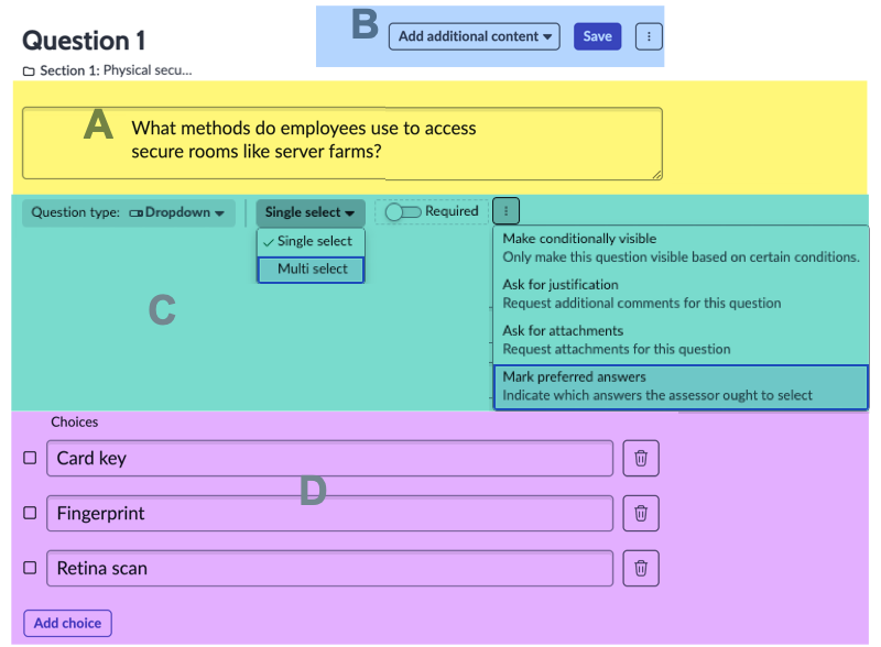 Configuring a question. Descriptions for the sections of the form appear in the following list.