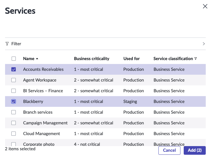 Add one or more services to the assessment.