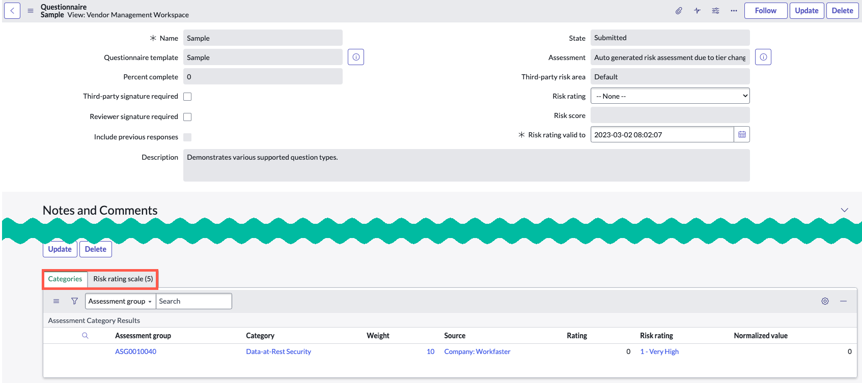 Risk ratings and scores available in questionnaire record.