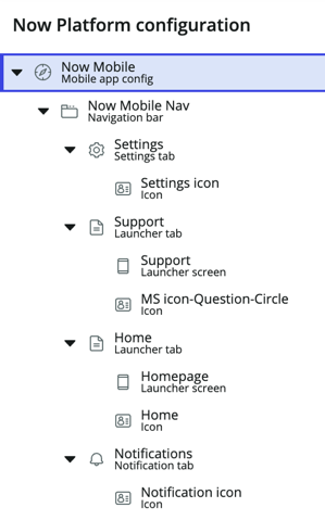 Árvore de configuração na tela de registro.