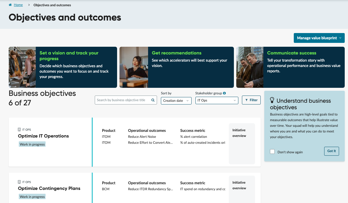 Shows the Objectives and outcomes page with Business objectives tiled displayed.
