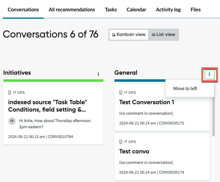 Shows conversation lanes and the action menu to reposition a conversation category.