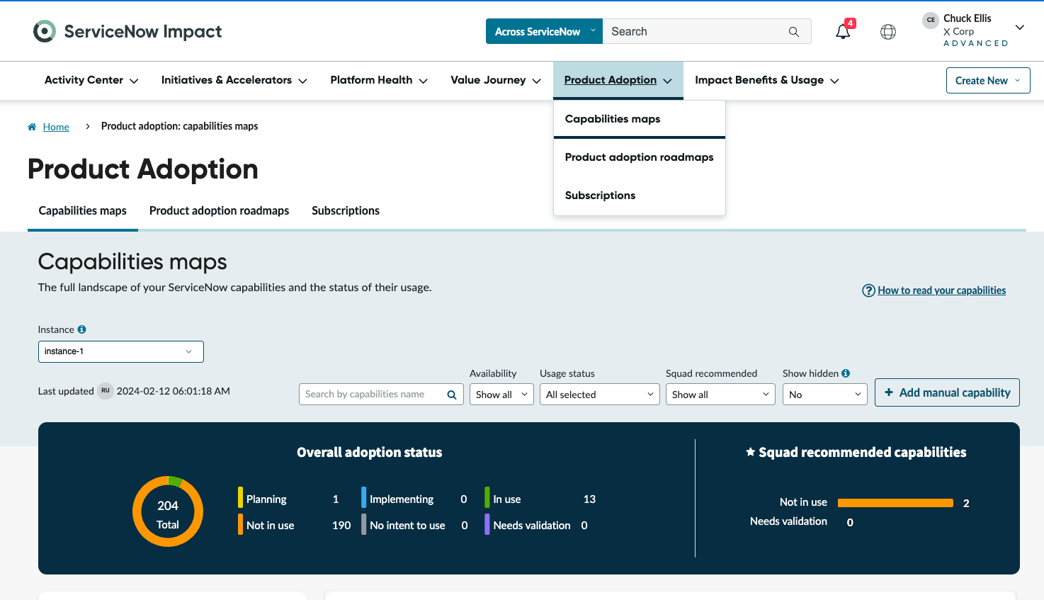 Shows the capabilities maps based on the selected filters on the Product Adoption page.