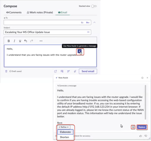 컨텍스트 메뉴를 Now Assist 사용하여 이메일 작성