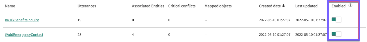Intents list with one intent that is enabled, and one intent that is not. Intents that are not enabled display as grayed out.