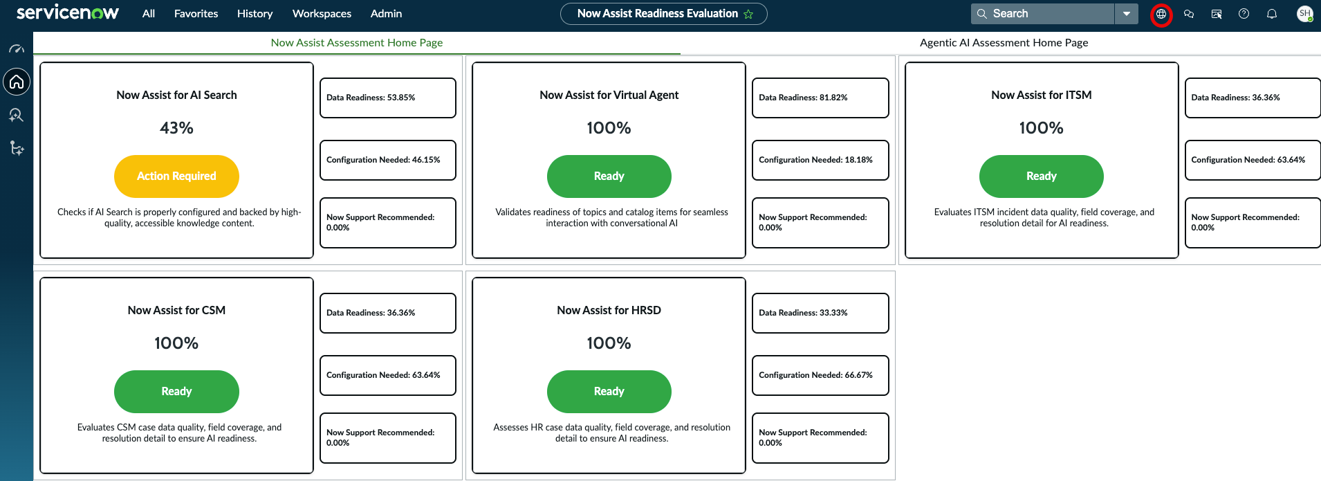 Now Assist Assessment Home Page showing green Go buttons for all five supported Now Assist products.