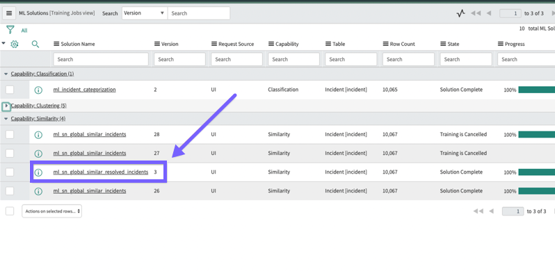 Select the name of an ML solution to open its detailed record.