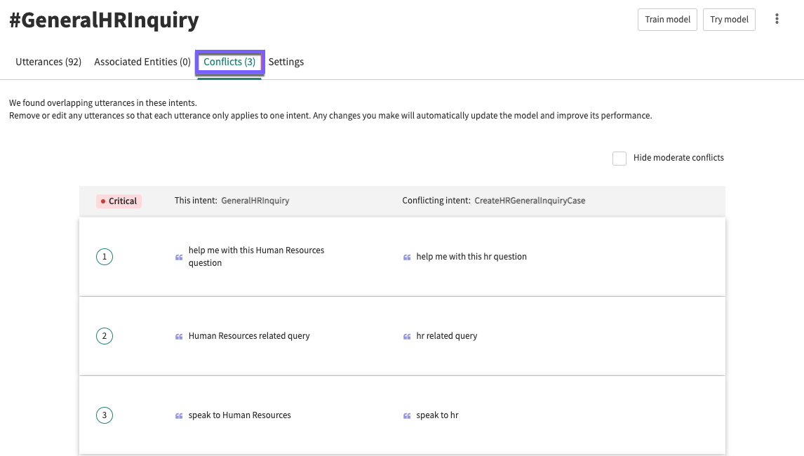 Conflicts tab of an intent screen with critical conflicts. Changes made on this screen are saved automatically.