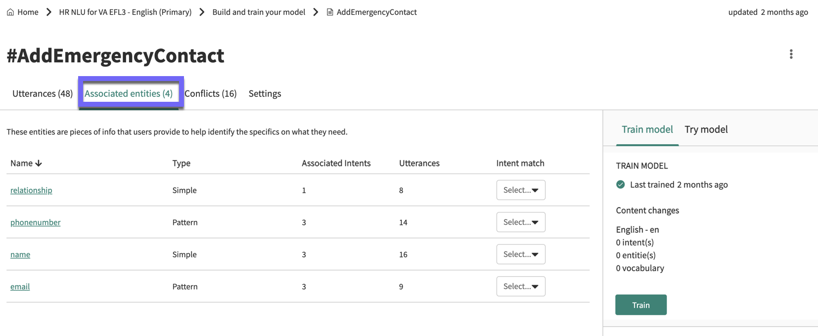 The Associated entities tab for an example intent.