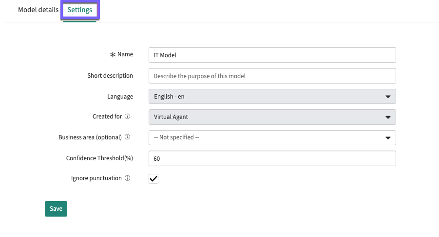 Settings tab of an example model.